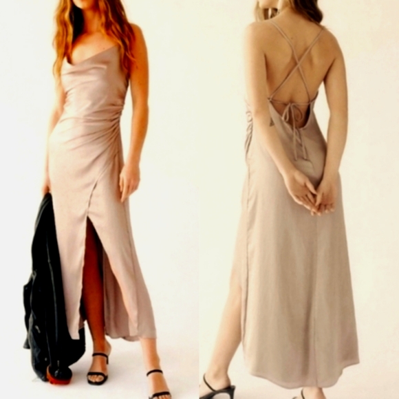 New Free People Sia Cowl Neck Ruched Side Slit Cross Back Cocktail Maxi Dress 8